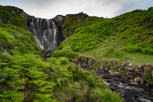 vista della cascata di clashniesse nelle highlands scozzesi in piena estate con lussureggianti felci verdi in primo piano - loch assynt foto e immagini stock