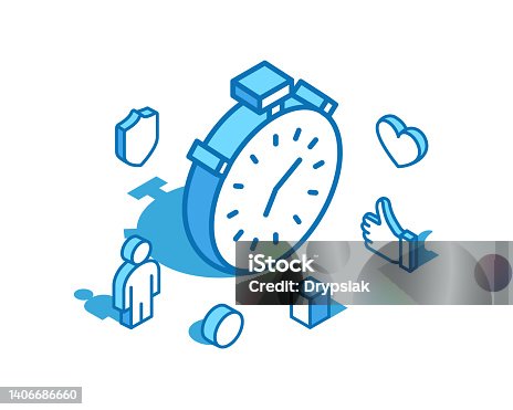 istock Stopwatch blue line isometric illustration. Timer, clock 3D banner template. 1406686660