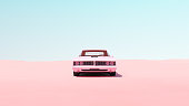 Pink Vintage Muscle Car Desert Sand Blue Sky Sunny Road Trip Rest Break Isolated Driving Pastel Serene Tranquillity