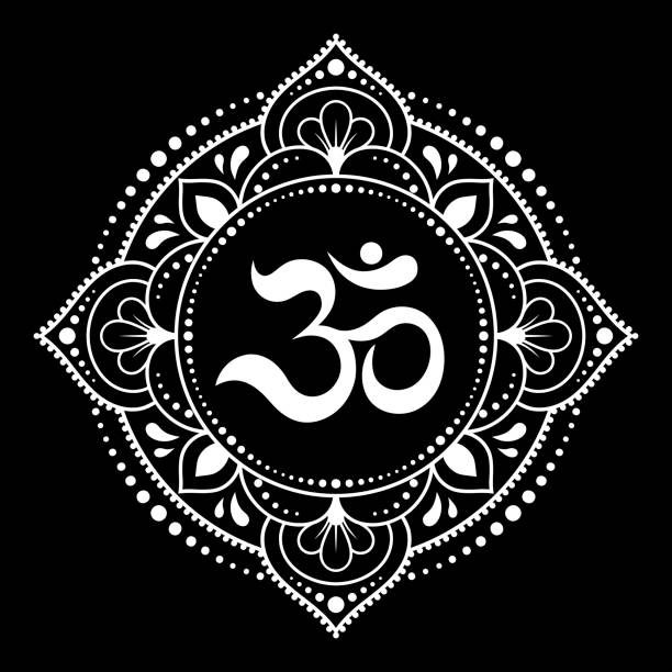 ilustraciones, imágenes clip art, dibujos animados e iconos de stock de patrón circular en forma de mandala para con flor henna, mehndi, tatuaje, decoración. ornamento decorativo en estilo oriental con el antiguo mantra hindú om. - om symbol
