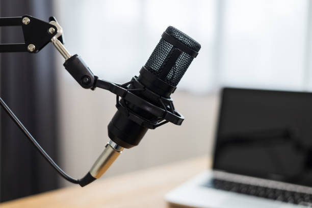 istock Condenser microphone in recording home studio. Content creator working with laptop host streaming radio podcast interview conversation at home broadcast studio recording voice over radio 1406689978