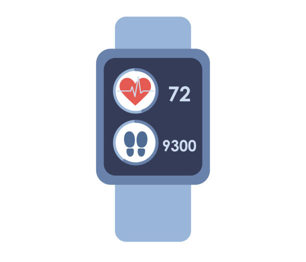 Smart watch icon. Fitness tracker app. Heart rate and distance. Sport concept. Vector flat illustration Smart watch icon. Fitness tracker app. Heart rate and distance. Sport concept. Vector fitness tracker illustration stock illustrations