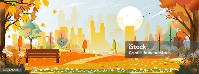 istock Autumn landscape with building city with blue sky behind the park,Vector illustration cartoon Fall season at the town in the morning,Cityscape natural garden with wood bench,  flower in public park 1406692040