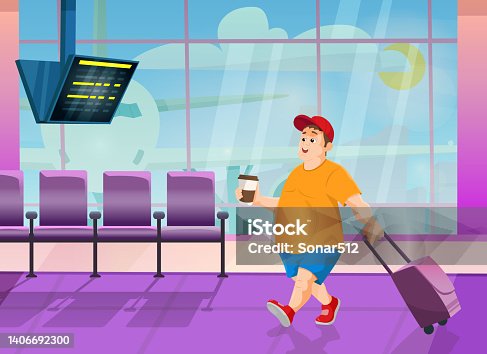 istock Vector illustration of a traveling young man at the airport terminal with suitcase. 1406692300