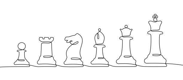 체스 조각 연속 라인 그림 - black hobbies chess knight chess stock illustrations