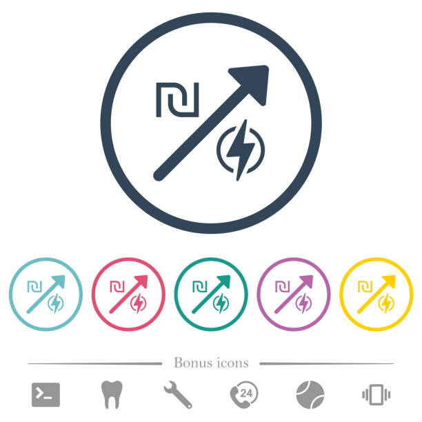 rosnąca energia elektryczna izraelskie nowe ceny szekli płaskie kolorowe ikony w okrągłych konturach - ils stock illustrations