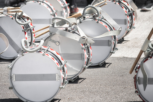 Tambourines drums standing on the street during a music break