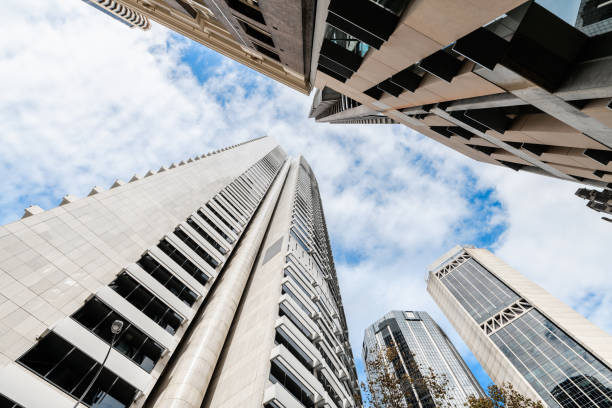 New skyscrapers at The Rocks in Sydney city while looking up up on a day