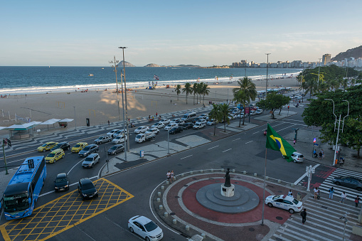 Rio de Janeiro, Brazil, May 23, 2022. Monument to Princess Isabel. Crossing of Princesa Isabel Avenue with Atlântica Avenue. In the background, Copacabana beach.