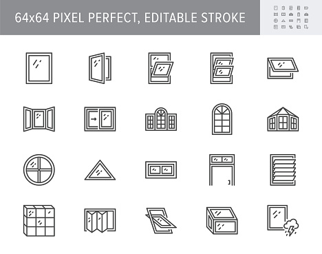 Window types line icons. Vector illustration include icon - sliding, paladian, awning, basement, transom, accordion, skylight, outline pictogram for architecture. 64x64 Pixel Perfect, Editable Stroke.