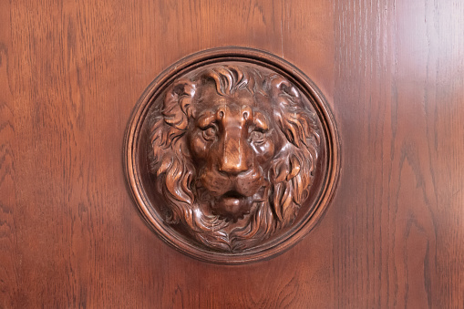 Antique decorative handle knocker on wooden vintage house door. Classical metal bronze lion head. High quality photo