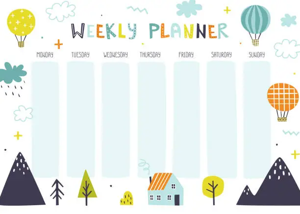 Vector illustration of Weekly planner with cute doodles. Scandinavian design of timetable for kids.