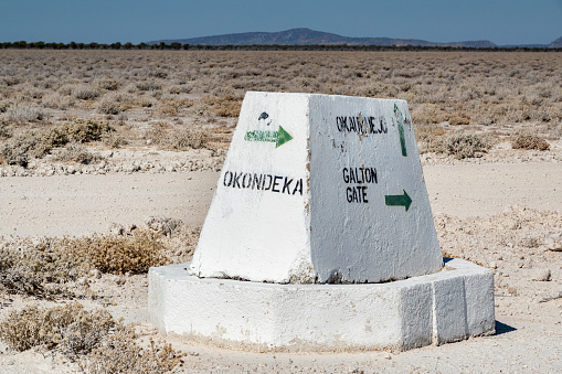Road Sign to Okondeka Waterhole at Etosha National Park in Kunene Region, Namibia
