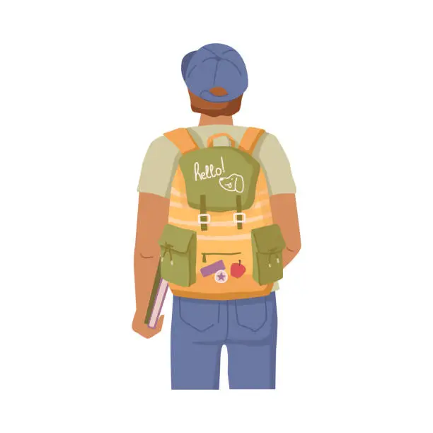 Vector illustration of Freshman student with backpack rear view isolated flat cartoon character, school boy teenager with books. Vector highschool or college student with rucksack knapsack