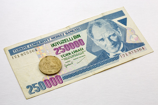 old money of Turkey with portrait of Mustafa Kemal Ataturk macro