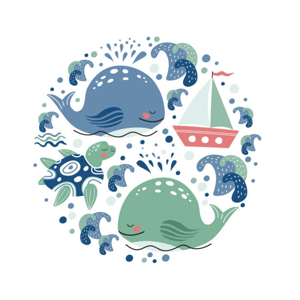 istock Round emblem with a ship, whales, sea turtles and waves. Children's illustration. 1406702534