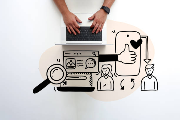 A man is traying to create digital content on hir computer with line icons