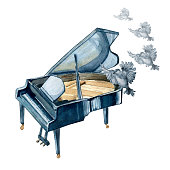 istock Grand piano with bird shadows watercolor illustration on white background. 1406702896