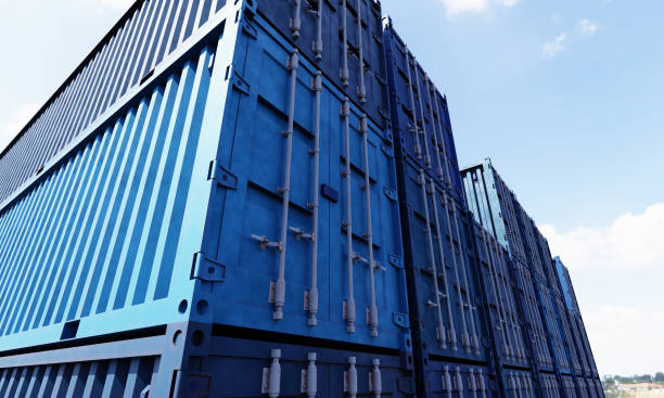 istock Stack of blue container boxes with sky background. Cargo freight shipping for import and export logistics. Business and transportation concept. 3D illustration rendering 1406704471