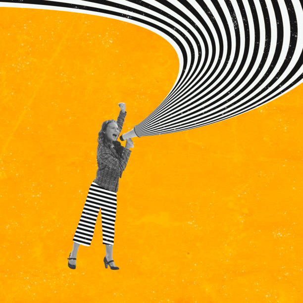 Shouting in megaphone. Contemporary art collage with megaphone and abstract optical ray isolated on color background.