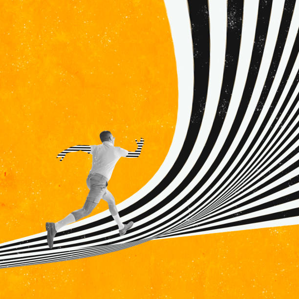 istock Contemporary art collage. New idea or creative inspiration. Man with abstract optical ray over color background. Concept of retro style 1406705414