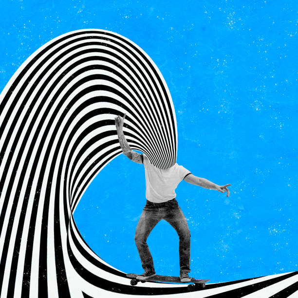 istock Contemporary art collage. New idea or creative inspiration. Man with abstract optical ray over color background. Concept of retro style 1406705415