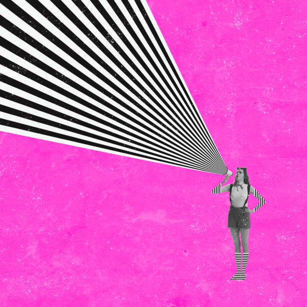 istock Shouting in megaphone. Contemporary art collage with megaphone and abstract optical ray isolated on color background. 1406705422