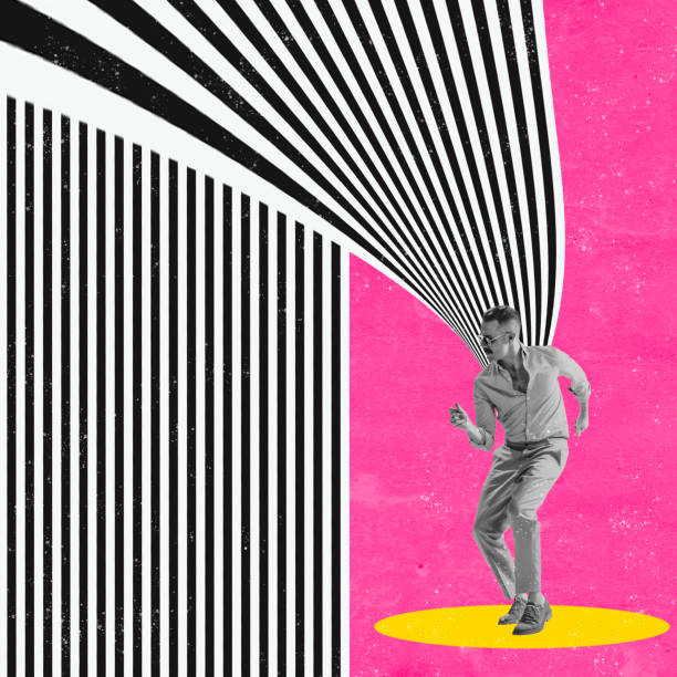 istock Contemporary art collage. Dancing man with optical illusion design as background. Funny dance in retro style, artwork, emotions. 1406705429