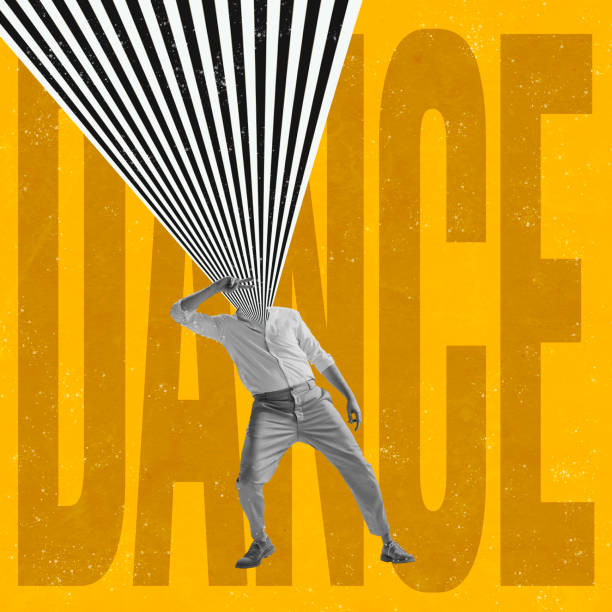 istock Contemporary art collage. Dancing man with optical illusion design as background. Funny dance in retro style, artwork, emotions. 1406705433