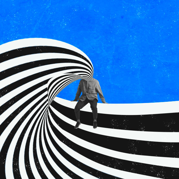 istock Contemporary art collage. New idea or hard work. Man with abstract optical ray over color background. 1406705443