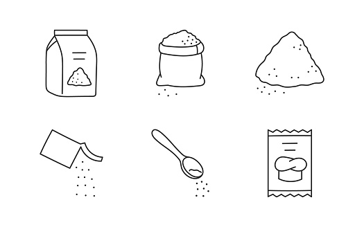 Flour doodle illustration including icons - sack, sugar, sachet, yeast powder, teaspoon. Thin line art about baking ingredients. Editable Stroke.