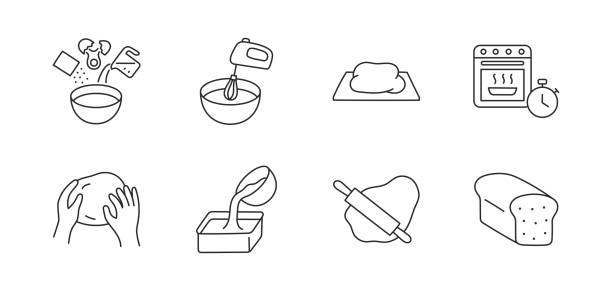 Dough doodle illustration including icons - bowl, oven, mix, ingredients, egg, rolling pin, bread, timer. Thin line art about baking. Editable Stroke Dough doodle illustration including icons - bowl, oven, mix, ingredients, egg, rolling pin, bread, timer. Thin line art about baking. Editable Stroke. mixing bowl icon stock illustrations