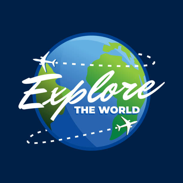 Travel icon with airplane fly around the world. Explore the world Travel icon with airplane fly around the world. Explore the world travel logo stock illustrations