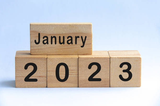 istock January 2023 text on wooden blocks with white color background. Copy space 1406708049