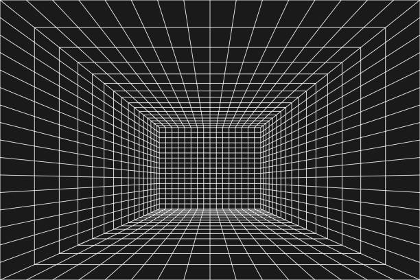 illustrations, cliparts, dessins animés et icônes de salle de grille filaire en perspective. boîtier numérique intérieur, géométrie tunnel de grille sur fond noir. cybertechnologie de réseau. illustration vectorielle. - sortir en boîte de nuit