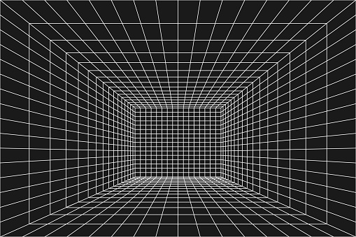 Perspective wireframe grid room. Interior digital box, grid tunnel geometry on black background. Network cyber technology. Vector illustration.