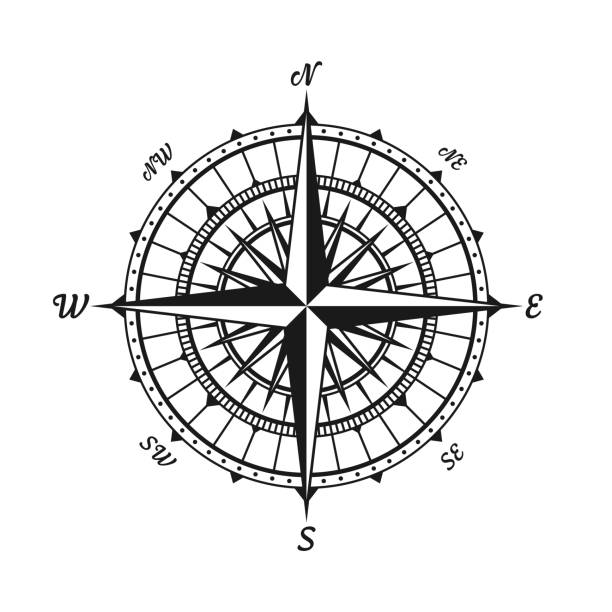 vintage meereswindrose, seekarte. monochromer navigationskompass mit himmelsrichtungen norden, osten, süden, westen. geographische lage, kartographie und navigation. vektorillustration. - compass compass rose north direction stock-grafiken, -clipart, -cartoons und -symbole