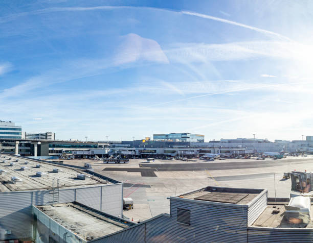 얼 아침 빛으로 프랑크푸르트 공항의 터미널 1을 볼 수 있습니다. - frankfurt international airport 뉴스 사진 이미지
