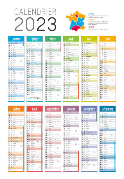 Year 2023 French calendar template Year 2023 colorful calendar, in French language, on white background. Vector template french language stock illustrations