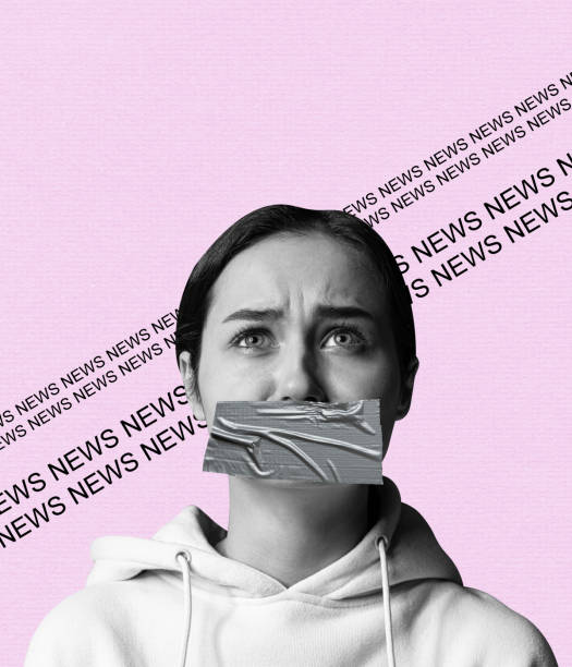 Woman with mouth sealed in adhesive tape. Free of speech, freedom of press, human rights and truth concept. Woman with mouth sealed in adhesive tape. Free of speech, freedom of press, human rights and truth concept. Protest, democracy, liberty, equality and fraternity concepts. Contemporary art collage copyright free medical stock pictures, royalty-free photos & images