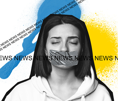 Freedom of speech and protest against news lies concept. Woman with mouth sealed with tape. Concept of news about participation of Ukrainian people in war with Russia. No war concepts. Art collage