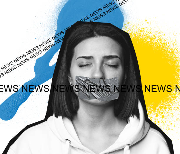 Freedom of speech and protest against news lies concept. Woman with mouth sealed with tape. No war concepts. Art collage Freedom of speech and protest against news lies concept. Woman with mouth sealed with tape. Concept of news about participation of Ukrainian people in war with Russia. No war concepts. Art collage copyright free medical stock pictures, royalty-free photos & images