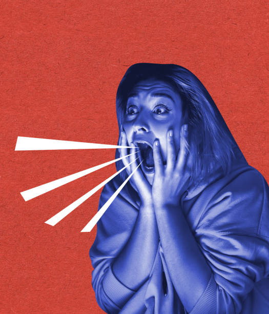 istock Contemporary art collage. Conceptual image with stressed woman. Control of speech, influence, fakes and news. 1406712015