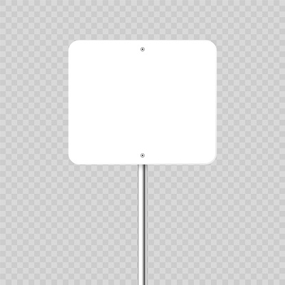 Road, traffic sign. Highway signboard on a chrome metal pole. Blank white board with place for text. Directional signage and wayfinder. Information sign mockup. Vector illustration