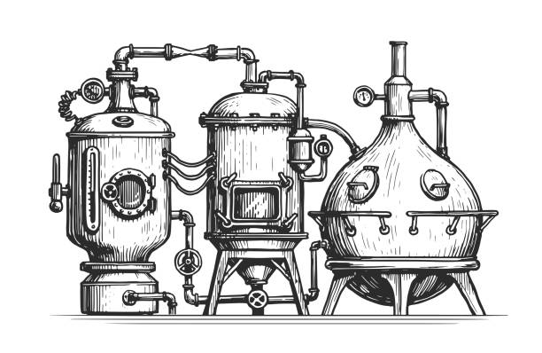 ilustraciones, imágenes clip art, dibujos animados e iconos de stock de equipos industriales de tanques de cobre para destilación de alcohol. destilería, vector de cosecha de destilación - destilería