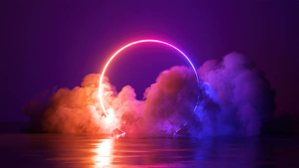 istock 3d render, abstract neon background with illuminated cloud and round geometric arch. Mystical foggy scene 1406712854