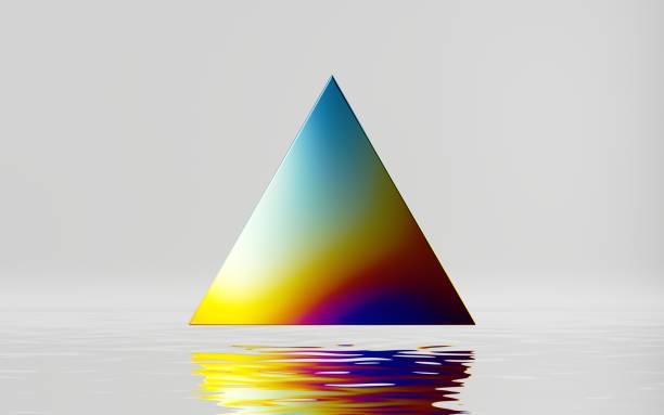 istock 3d render, abstract minimal geometric background. Colorful iridescent triangle levitates above the water, ripples and reflection 1406713413