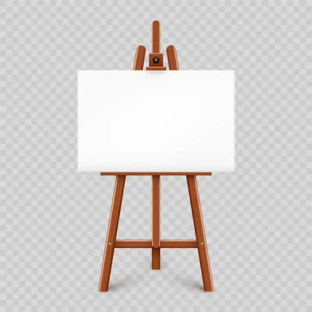 Vector illustration of Realistic paint desk with blank white canvas. Wooden easel and a sheet of drawing paper. Presentation board on a tripod. Artwork mockup, template. Vector illustration