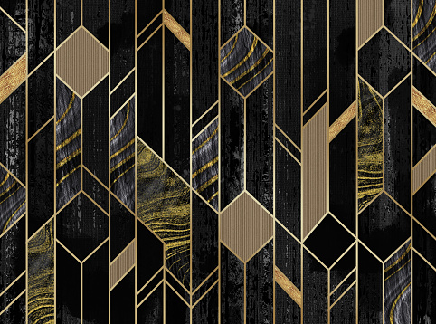 3d modern mural wallpaper. Golden lines, marble in dark background.\t\nfor print on canvas wall decor