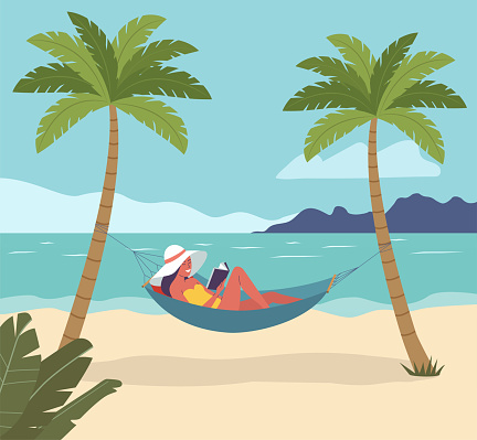 Girl in hat is lying and reading book in a hammock. Hammock between palm trees. Beach scene. Vector flat illustration